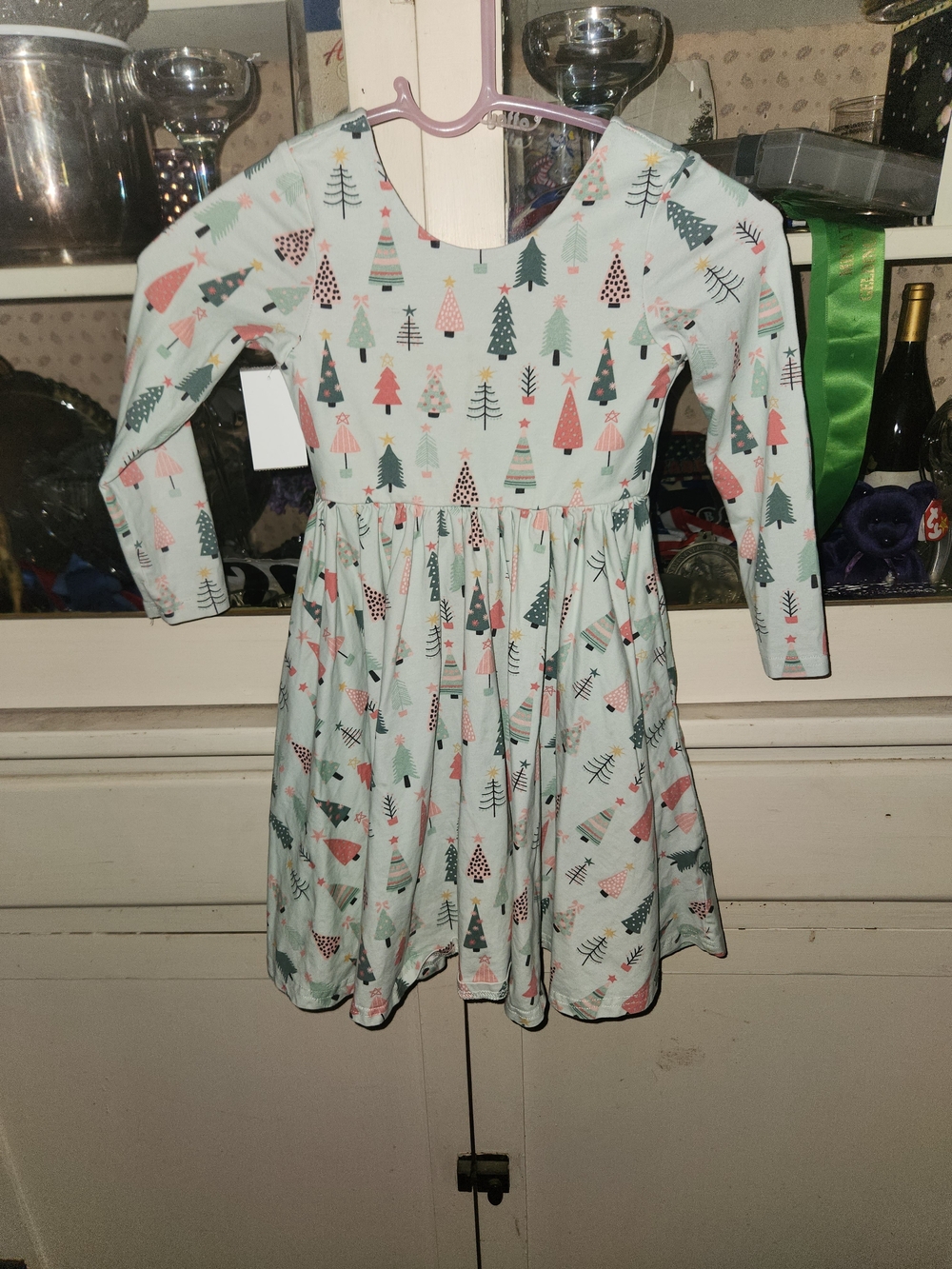Toddler/Miss Girls' Mint Holiday Tree Print Long Sleeve Dress